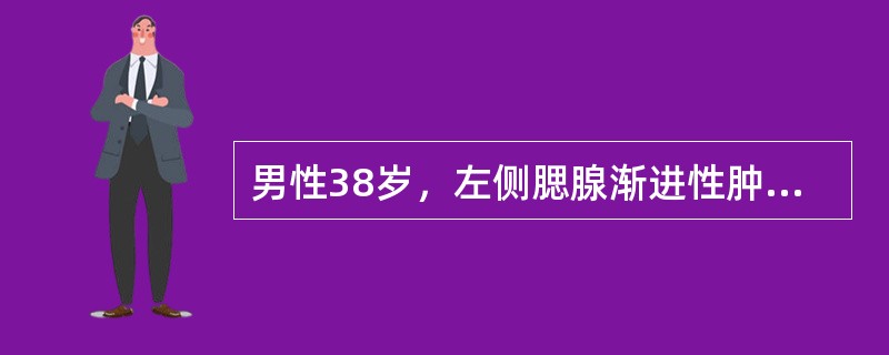男性38岁，左侧腮腺渐进性肿大一年，无压痛，CT扫描如图所示，请选择正确的描述和结论()<img border="0" style="width: 308px; h