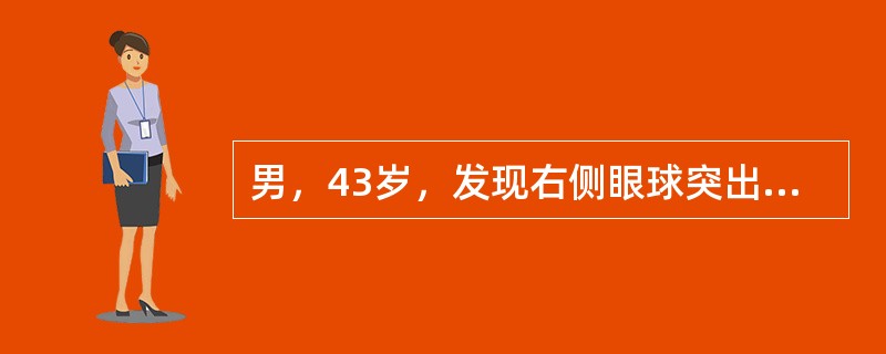 男，43岁，发现右侧眼球突出伴视力下降、眼球运动障碍半年，CT显示右侧眼眶内球后胍锥内有一密度均匀的类圆形肿块，边缘光滑、清晰，增强扫描呈均匀性明显强化，视神经受压移位。同时眼眶内可见静脉石影。该患者