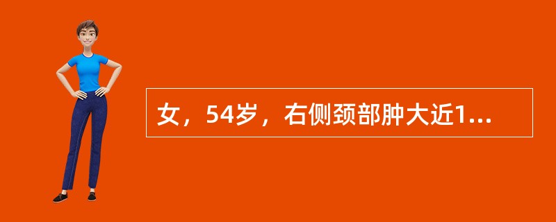 女，54岁，右侧颈部肿大近1年，近来病人有声嘶、吞咽困难，CT扫描如图，正确的描述或诊断是()<img border="0" style="width: 366px