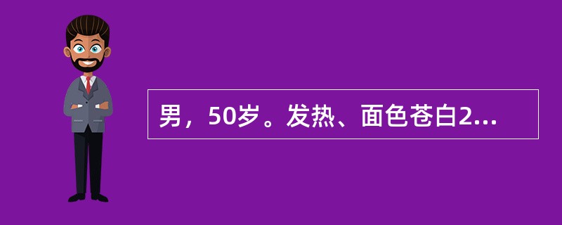 男，50岁。发热、面色苍白2个月。骨髓细胞学检查示原始细胞占有核细胞的50%。细胞免疫表型检查结果：CD13<img style="width: 10px; height: 18px;