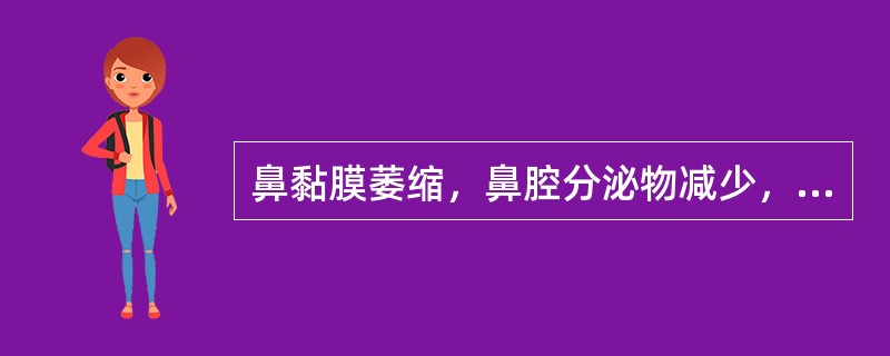 鼻黏膜萎缩，鼻腔分泌物减少，鼻甲缩小，鼻腔宽大，嗅觉减退或丧失，见于
