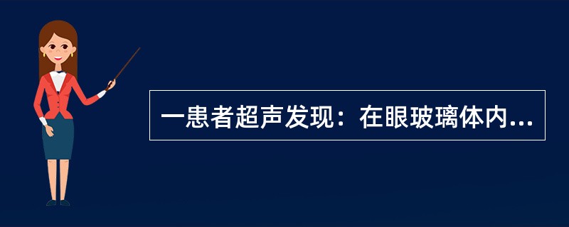 一患者超声发现：在眼玻璃体内有一蘑菇状实性肿物自球壁向前方突出，边缘清楚、规整，内部回声渐次衰减至球后壁时变为无回声区。病灶部位的脉络膜较周围部位回声低，表现为"脉络膜凹陷"伴继发