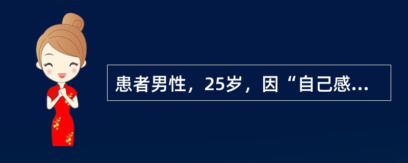 患者男性，25岁，因“自己感觉被人跟踪、监视”来诊。患者近6个月来觉得有人跟踪自己，有人在屋里放了窃听器，而不敢大声讲话，常听见有人在议论如何对付他。因而表现闷闷不乐，闭门不出，写信到公安局请求保护。