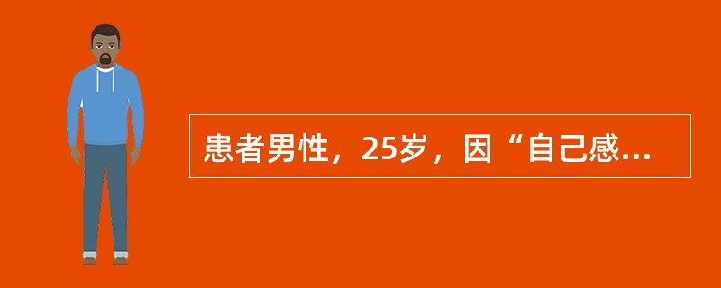 患者男性，25岁，因“自己感觉被人跟踪、监视”来诊。患者近6个月来觉得有人跟踪自己，有人在屋里放了窃听器，而不敢大声讲话，常听见有人在议论如何对付他。因而表现闷闷不乐，闭门不出，写信到公安局请求保护。