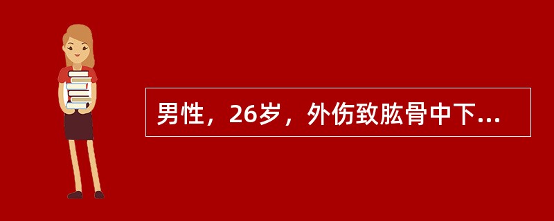 男性，26岁，外伤致肱骨中下1／3骨折，来院检查时发现有垂腕征，垂指畸形。<br />该患者合并哪条神经损伤该患者选择哪种治疗方法痛苦小，稳妥