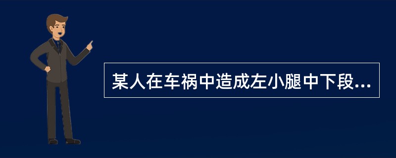 某人在车祸中造成左小腿中下段外伤，疼痛、流血、异常活动，被人简单包扎后立即送到附近医院，经检查发现小腿中下段胫腓骨骨折，诊断小腿中下段开放性骨折。如果此人粉碎性骨折，伤口在小腿前内侧，长度约8cm，直