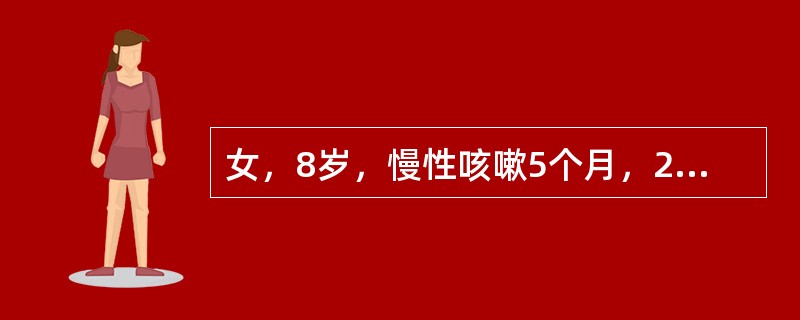 女，8岁，慢性咳嗽5个月，2个月前因劳累并摔伤开始左膝痛，时有发热，查体：跛行，消瘦，左膝肿胀，浮髌试验(+)，局部不红不热，左大腿较对侧稍细，患肢屈伸部分受限，血沉87mm/h，白细胞13×10&l