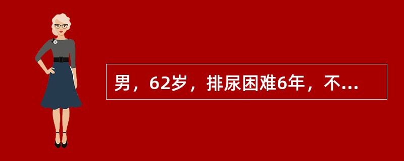 男，62岁，排尿困难6年，不能排尿1天来诊。查下腹部扪及囊性包块，直肠指诊前列腺Ⅱ°大，质地韧，表面光滑，中央沟消失。血PSA2.2ng/ml，BUN14.5mmol/L，Cr267μmol/L。可能