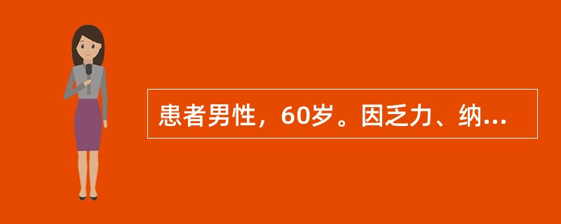 患者男性，60岁。因乏力、纳差1个月，发现双侧肾上腺肿物2周就诊。患者于1个月前开始出现全身疲乏、无力、嗜睡，恶心、食欲差、进食少等症。20天前行腹部超声检查，提示双侧肾上腺低回声占位，右侧5.8cm