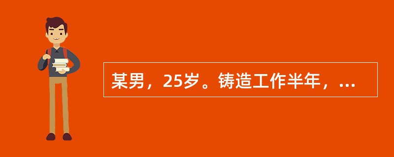 某男，25岁。铸造工作半年，近1个月来感乏力.食欲缺乏.气促.发热.盗汗，伴咳嗽.咳痰。查体：体温39℃，心率90次／分，胸部听诊有散在干.湿啰音。X线表现：两肺遍布类圆形小阴影，肺门淋巴结增大。该患