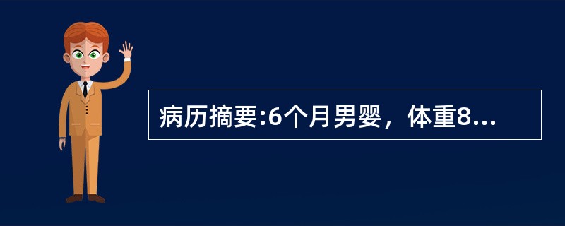 病历摘要:6个月男婴，体重8kg，发热2天，体温波动在38℃～39℃之间，伴咳嗽，呈阵发性咳嗽，喘憋明显。查体：T38℃，呼吸急促，有呼气性呼吸困难，鼻扇，三凹征阳性，听诊双肺满布喘鸣音，偶闻中小水泡