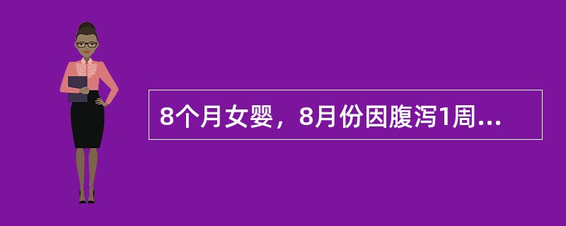 8个月女婴，8月份因腹泻1周来诊，大便初为5～6次/日，黄绿色，蛋花汤样便伴有黏液，无里急后重，近2天大便每日10余次，镜检白细胞0～1个/HP，伴呕吐1～2次/日，纳差，饮水少，尿少，测血钠125m