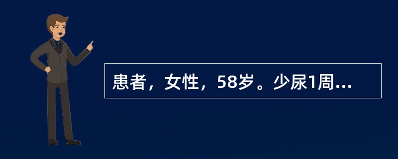 患者，女性，58岁。少尿1周入院。血压180／120mmHg，嗜睡，贫血，颜面及双下肢水肿。血尿素氮42mmol／L，肌酐1380μmol／L，血钾6.2mmol／L，血钙2.0mmol／L，二氧化碳