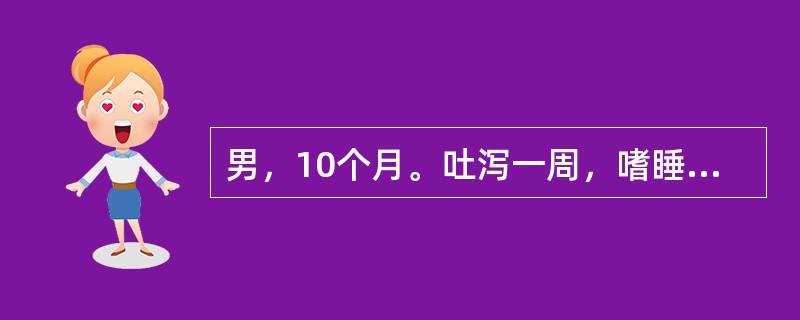 男，10个月。吐泻一周，嗜睡，口渴，尿量减少。皮肤弹性差，前囟及眼眶明显凹陷，脉细速，四肢稍凉，测血钠125mmol/L，考虑为