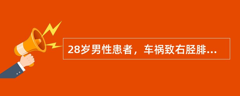 28岁男性患者，车祸致右胫腓骨开放性骨折(如图)，试判断为开放性骨折几度()<img border="0" style="width: 334px; height: