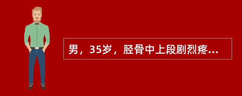 男，35岁，胫骨中上段剧烈疼痛，尤以夜间明显，可摸到肿物，请结合图像，选择最佳选项()<img border="0" style="width: 168px; he