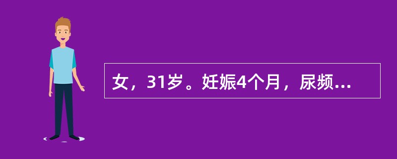 女，31岁。妊娠4个月，尿频，尿急，尿痛，伴肉眼血尿4天，体温38.5℃，右肾区叩痛，白细胞16×10<img border="0" style="width: 1