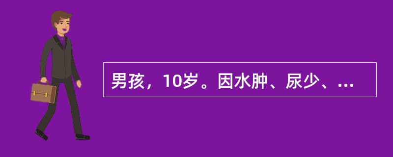 男孩，10岁。因水肿、尿少、尿色加深1周，伴烦躁、气促1天入院。体检：体温36.6℃，血压150/100mmHg，端坐呼吸，口唇微绀，心率110次/min，两肺底少量细湿啰音，肝肋下2.5cm，血红蛋