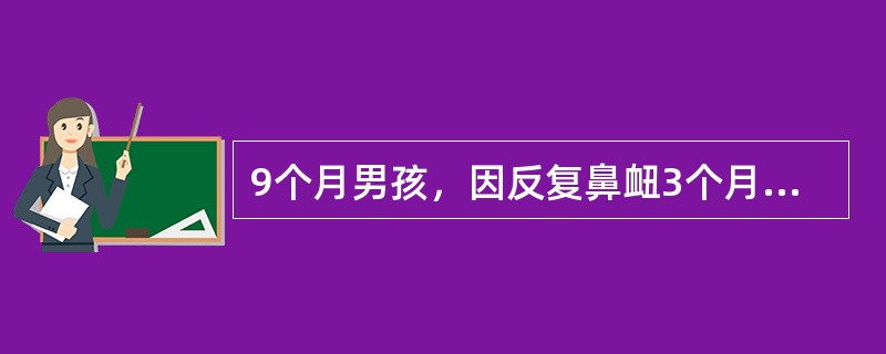 9个月男孩，因反复鼻衄3个月，皮肤瘀点、瘀斑46天入院。生后1个月开始反复腹泻、大便带血丝，反复皮肤湿疹伴脓点，曾有双耳流脓。其一兄有类似湿疹、出血、感染病史。WBC10．1×10<img bo