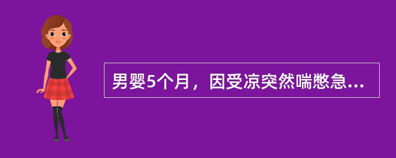 男婴5个月，因受凉突然喘憋急诊入院。病后轻咳，低热。入院查体：T37.5℃，烦躁，气促，口周发绀，心率196次/min，心音被哮鸣音掩盖，吸气末少量中细湿性啰音，腹软，肝肋下3cm，剑下3cm，脾未触