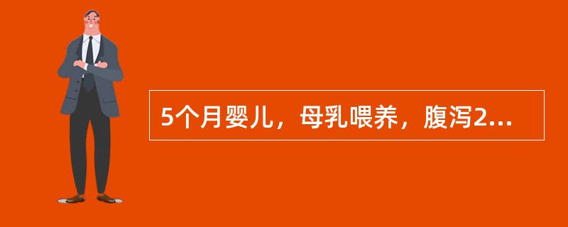 5个月婴儿，母乳喂养，腹泻2.5个月，大便5～6次/日，有时多达8～9次/日，稀水状或糊状，曾用"止泻药"等药治疗不见好转，来诊前大便1次，为黄色稀便带血丝，食欲佳，精神好，有湿疹