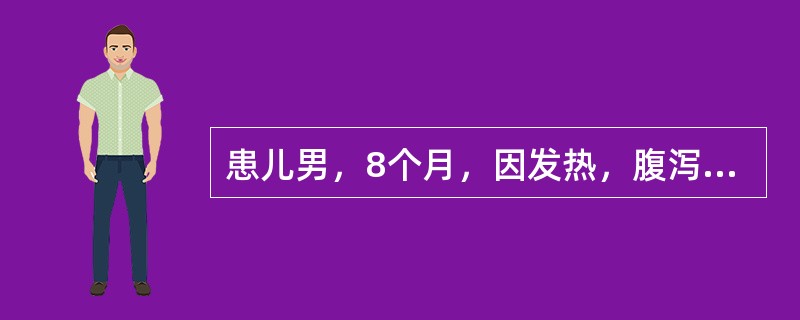 患儿男，8个月，因发热，腹泻稀水便1天入院。体检：T39.5℃，P136次/分，R34次/分，体重8kg，精神萎靡，呼吸稍促，唇干，前囟及眼眶凹陷，皮肤弹性欠佳，肢端凉，皮肤未见大理石花纹，心律齐，心