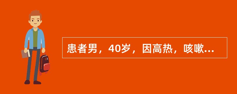 患者男，40岁，因高热，咳嗽，胸痛入院。查体：体温39.5℃，心率110次/分。呼吸30次/分，右胸肺中叶部叩浊音，语颤增强，有细小湿啰音。白细胞数19×10／L，中性粒细胞占0.9，淋巴占0.1，X