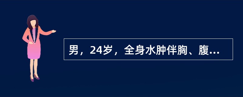 男，24岁，全身水肿伴胸、腹腔积液1个月，血压16／10kPa(120／76mmHg)，尿蛋白(+++)，血浆白蛋白25g／L，球蛋白28g／L，血尿素氮3．6mmol／L(10mg／dl)。经严格限