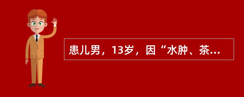 患儿男，13岁，因“水肿、茶色尿4周，尿量进行性减少3d，无尿1d”来诊。查体：BP150/100mmHg。实验室检查：Hb108g/L；尿沉渣RBC30～40/HP，尿蛋白（+++）；BUN17.8