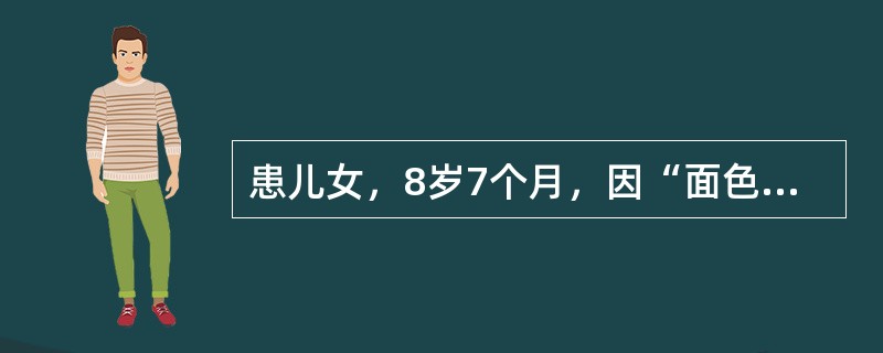 患儿女，8岁7个月，因“面色苍白、咳嗽4年，加重伴血尿6个月”来诊。病程中反复咳嗽，偶有痰中带血，1周前出现肉眼血尿，眼睑水肿，进行性少尿。查体：BP90/65mmHg；贫血貌，眼睑水肿，无皮疹，无淋