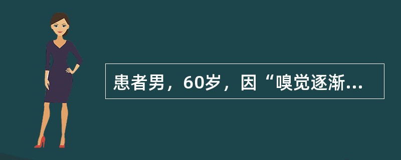 患者男，60岁，因“嗅觉逐渐减退至丧失3个月”来诊。既往糖尿病病史5年，心脏病病史6年，高血压病史6年。查体：P78次/min，BP185/110mmHg；双侧瞳孔等大正圆，对光反射灵敏；神经系统检查