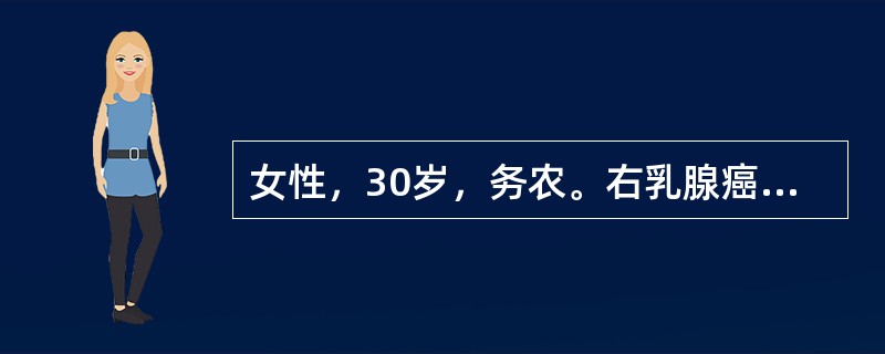 女性，30岁，务农。右乳腺癌术后1年，感患侧上肢发沉，较对侧上肢增粗半年。检查：右上肢肘上10cm处周径较对侧多4cm，双侧上肢严重不对称，未见有发红等表现。［提示］　患者1周前右侧手背处刀划伤，现右