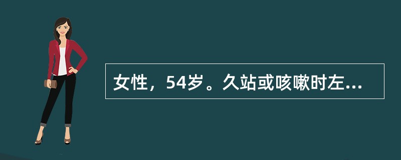 女性，54岁。久站或咳嗽时左腹股沟区胀痛1年，有慢性支气管炎病史3年，近1个月咳嗽加重。查体：站立时左腹股沟韧带下方内侧突起半球形肿物，平卧时缩小，咳嗽时无明显冲击感。应诊断为