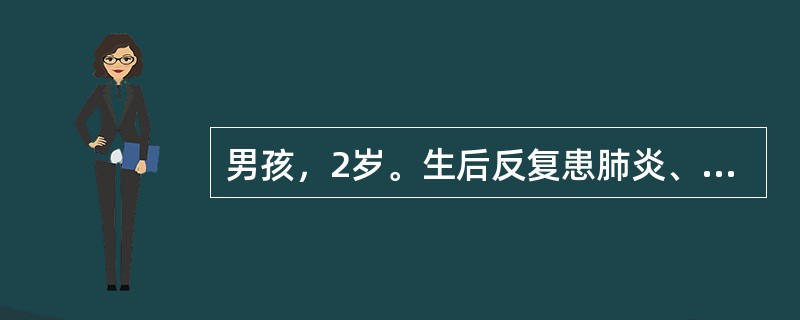 男孩，2岁。生后反复患肺炎、腹泻及革兰阴性菌败血症。其血清IgG2g/L（200mg/dl），IgA700mg/L（70mg/dl），IgM600mg/L（60mg/dl），外周血淋巴细胞数正常，骨髓