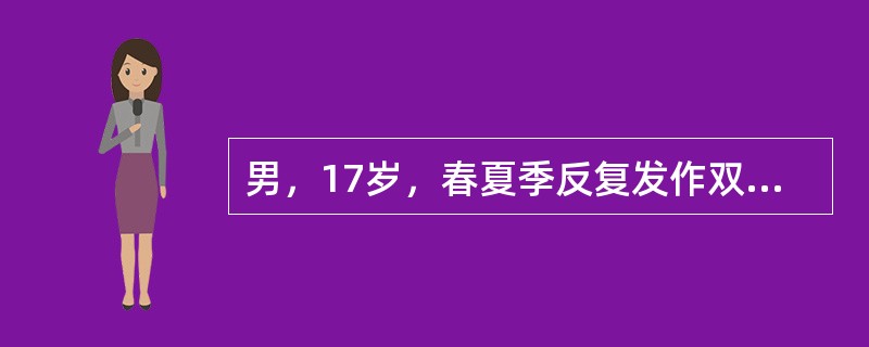 男，17岁，春夏季反复发作双眼奇痒，睑结膜可见大小不等的乳头，结膜分泌物中较多嗜酸性粒细胞。本患者最可能的诊断为