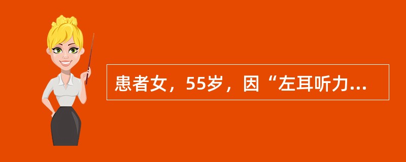 患者女，55岁，因“左耳听力减退2年，间断头晕、头痛3个月”来诊。2年前发现左耳听力减退，逐渐加重，无耳鸣。3个月来头晕，每日发作1～2次，每次持续约5min，无恶心、呕吐、视物旋转；左前额阵发胀痛。