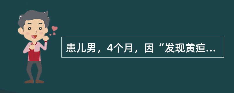 患儿男，4个月，因“发现黄疸1周”来诊。食欲差，尿黄。出生时因患“吸入性肺炎”未接种乙型肝炎疫苗，满月后补种。其母为乙型肝炎病毒携带者。查体：全身皮肤及巩膜中度黄染，无皮疹；肝肋下3cm，脾未及。根据