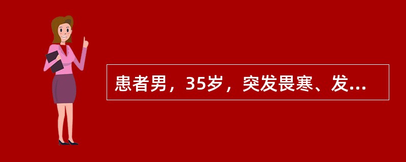 患者男，35岁，突发畏寒、发热及右上腹胀痛。查体：体温39.5℃，无黄疸，右上腹压痛伴肌紧张，肝肋下4cm，肝区叩痛阳性。血WBC16×10<img border="0" s