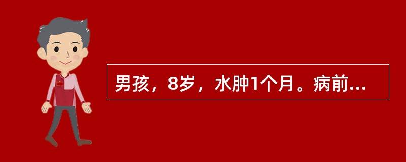 男孩，8岁，水肿1个月。病前有发热、咳嗽，尿蛋白£«£«£«～£«£«£«£«，