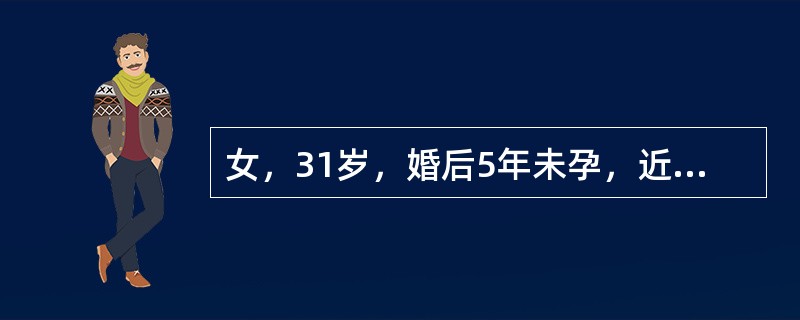 女，31岁，婚后5年未孕，近2年进行性痛经．BBT示双相型，月经3～4天／28～