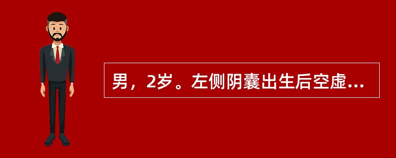 男，2岁。左侧阴囊出生后空虚至今。查：患儿发育正常，左侧阴囊发育欠佳，左阴囊内未