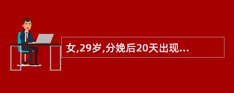 女,29岁,分娩后20天出现尿频、尿急、尿痛。尿检:蛋白( £­ ),红细胞0~