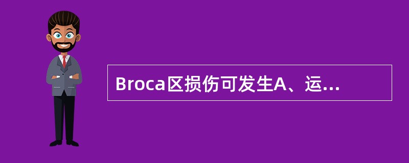 Broca区损伤可发生A、运动性失语症B、感觉性失语症C、失读症D、失写症E、舌