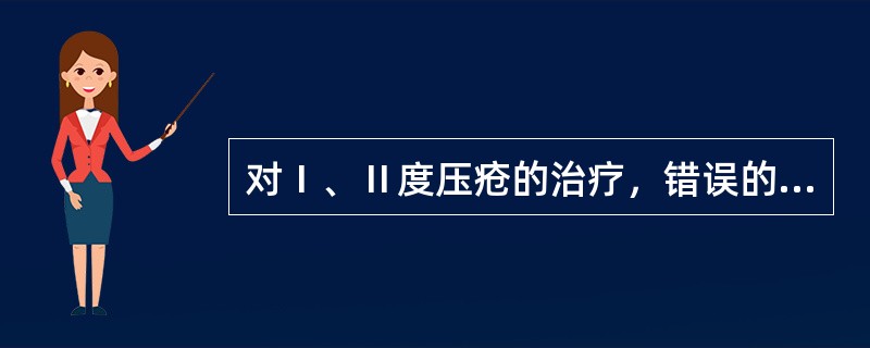 对Ⅰ、Ⅱ度压疮的治疗，错误的处理是A、手术治疗B、紫外线照射C、红外线照射D、加