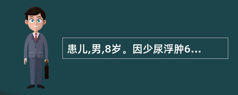 患儿,男,8岁。因少尿浮肿6天,烦躁、气促1天入院。查体:体温36.8℃,血压1