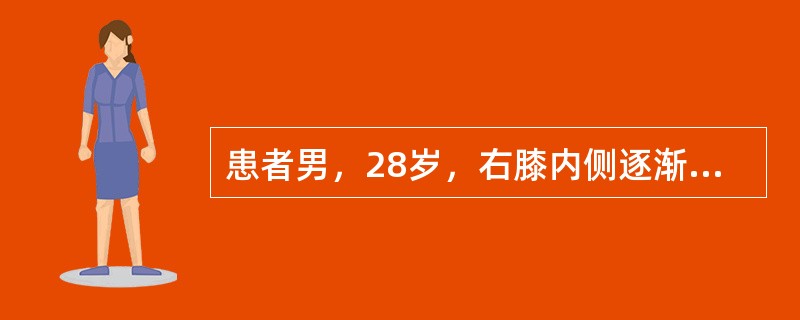 患者男，28岁，右膝内侧逐渐隆起伴隐痛半年。X片示：右胫骨干骺端有一破坏区，边缘