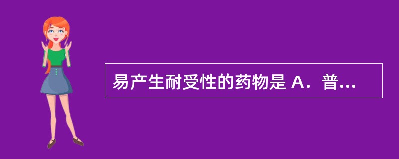 易产生耐受性的药物是 A．普萘洛尔 B．哌唑嗪 C．硝苯地平 D．硝酸甘油 E．