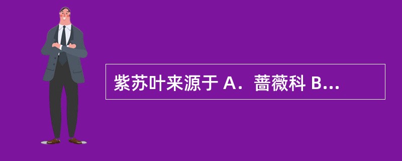 紫苏叶来源于 A．蔷薇科 B．菊科 C．豆科 D．唇形科 E．小檗科