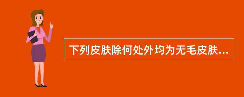 下列皮肤除何处外均为无毛皮肤( )A、唇红B、包皮内侧C、阴唇内侧D、龟头E、面