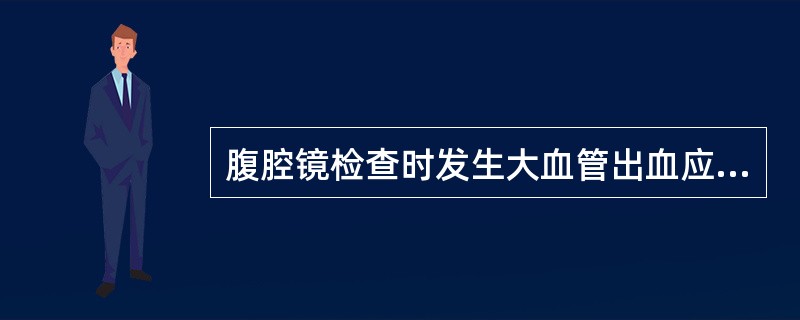 腹腔镜检查时发生大血管出血应A、压迫止血B、电凝C、输血同时开腹手术D、缝扎止血